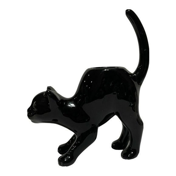 PartyLite Black Cat Tea Light Candle Votive Holders Halloween Decor Tail Up 9.5”